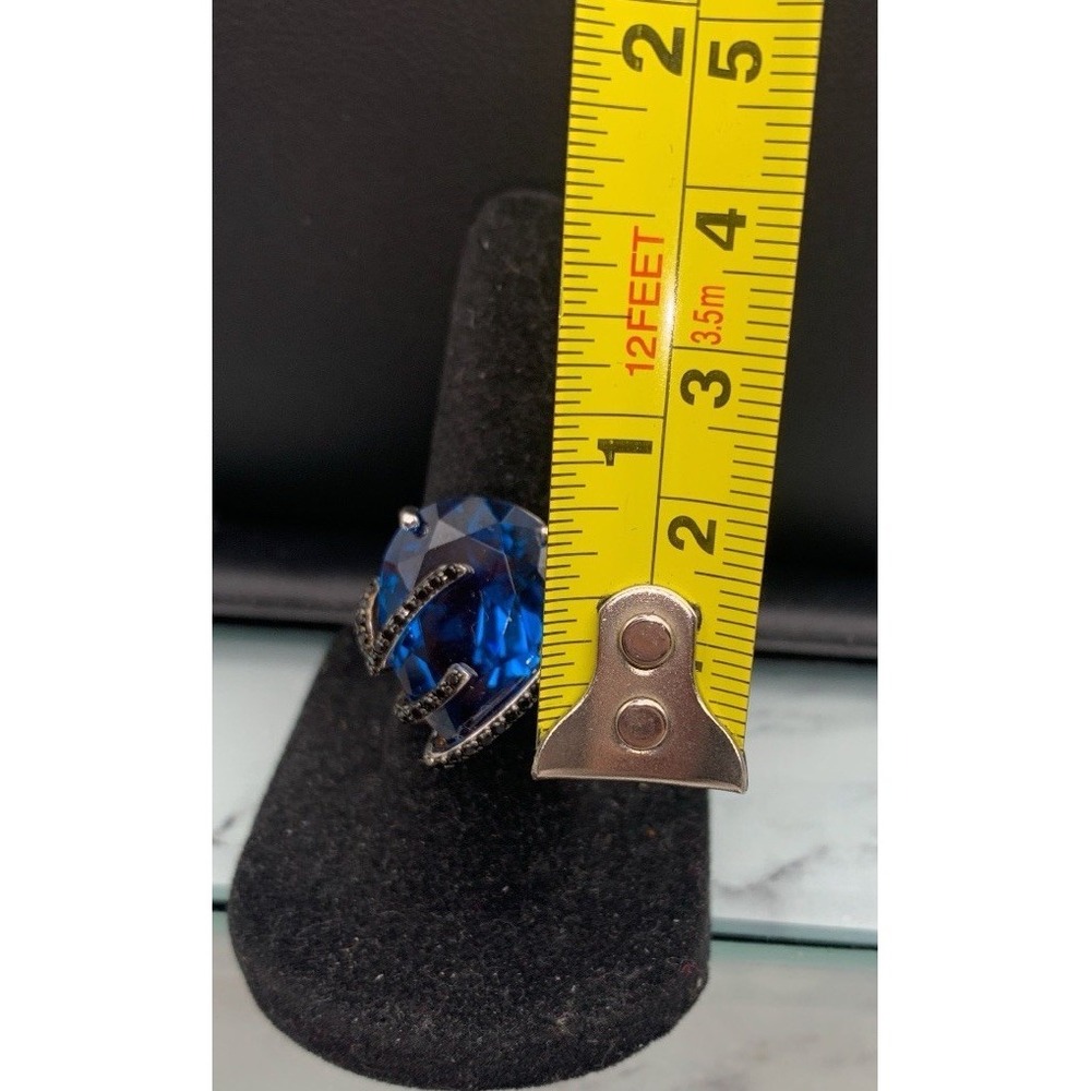 Lab Blue Spinel Ring w/ Natural Black Spinel Rhodium 925 Sterling Silver Sz 5.75 - Picture 2 of 8